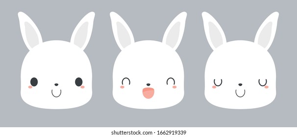 Set of cute white rabbit cartoon icons. Flat vector illustration.	