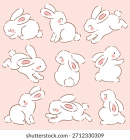 Conjunto de lindos personajes de conejo blanco sobre fondo aislado.