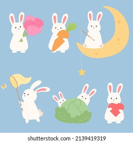 Set of cute white rabbit with clover, heart, vegetables, moon, butterfly net. Cartoon childish elements.