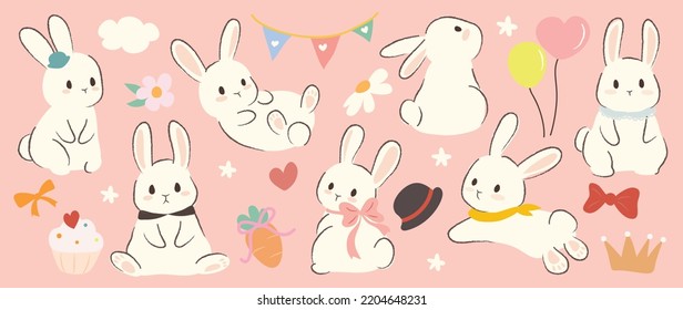 Set of cute white rabbit element vector. Adorable bunny with different poses, carrot, balloon, ribbon, flowers. Collection of animal and many characters hand drawn design for decorative, card, kids.