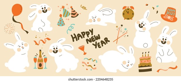 Set of cute white rabbit element vector. Adorable bunny with different poses, firework, balloon, party hat, cake. Collection of animal and new year party element design for decorative, card, kids.