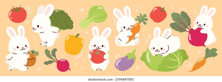 Set of cute white rabbit element vector. Adorable bunny with vegetable, tomato, carrot, radish, cabbage, eggplant. Collection of animal characters hand drawn design for decorative, card, kids, easter.