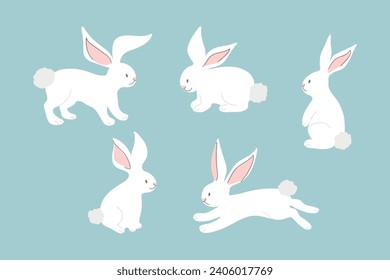 Set of cute white rabbits in different poses. Hand drawn cartoon bunny. Vector illustration