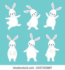 Set of cute, white rabbits in different poses. Easter bunnies are drawn in a flat style. Suitable for Easter cards and prints.