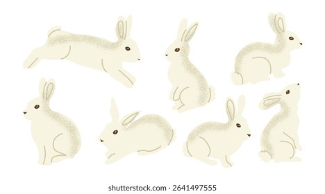 Set of cute white rabbits in different poses including sitting, jumping and crouching. Bunny clipart perfect for Easter designs, spring themes, nursery prints, cards, stickers.Vector illustration