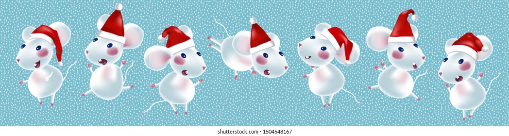 Set cute white rats in Christmas hats. Vector illustration.