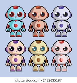 Set of cute white robots. Cyber characters with lightning bolts, cross sign, tick, box in hands and adjustment cogs. Artificial intelligence. Cartoon flat vector collection isolated on blue background