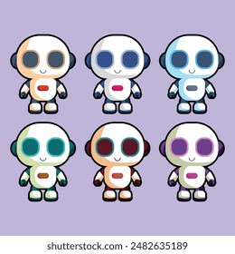 Set of cute white robots. Cyber characters with lightning bolts, cross sign, tick, box in hands and adjustment cogs. Artificial intelligence. Cartoon flat vector collection isolated on blue background