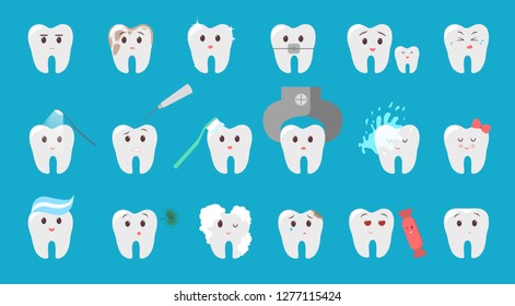 Set of cute white tooth character. Collection of funny happy dental element. Idea of hygiene and dentistry. Isolated vector flat illustration