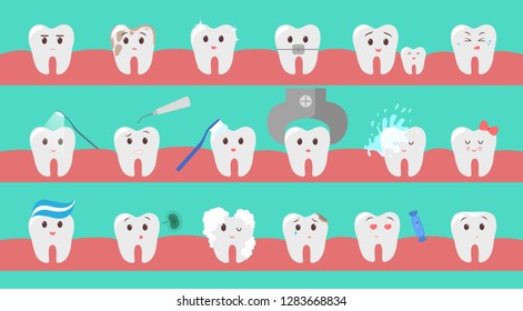 Set of cute white tooth character. Collection of funny happy dental element. Idea of hygiene and dentistry. Isolated vector flat illustration