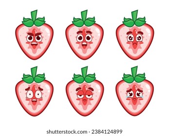 Set of cute whole strawberries with facial expressions. Cut strawberry with angry, surprised, sad, scared, serious, and crying expressions.