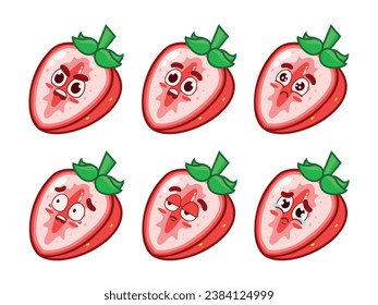 Set of cute whole strawberries with facial expressions. Cut strawberry with angry, surprised, sad, scared, serious, and crying expressions.