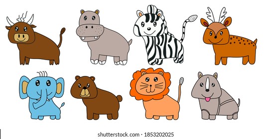 Set of cute wild animal art design doodles.