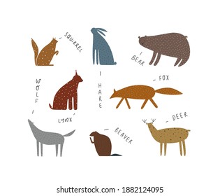 Set of  cute wild animal clip arts: bear, fox, beaver, deer, squirrel, hare, wolf, linx with in scandinavian style. Vector hand drawn illustration for decor, design, textiles, wallpaper.