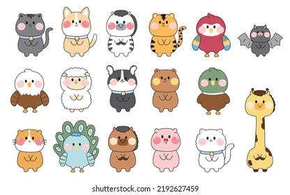 Set of cute wild animal hand drawn stand on white background.Pet cartoon collection.Farm animals.Isolated.Kawaii.Vector.Illustration.