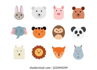 Set of cute wild animal head illustration. Collection of African animal character design elements for kids