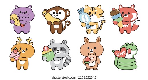 Set of cute wild animal hold food and dessert on white background.Cartoon character design collection.Snake,kangaroo,racoon,deer,fox,tiger,monkey,hippopotamus.Kawaii.Vector.Illustration.