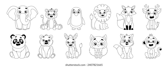 Juego de adorables íconos animales salvajes incluyendo león, zorro, ciervo, elefante, tigre, pingüino, búho, lobo, mono, panda, oso y burro. Ilustración vectorial lineal en blanco y negro de los animales del bosque.