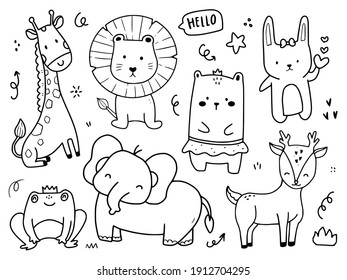 Set of cute wild animal illustration drawing coloring page cartoon for kids and baby