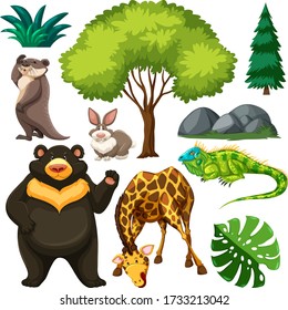 Set of cute wild animal and nature illustration