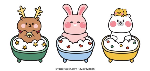 Set of cute wild animal stay in the bathtub.Shower.Deer,rabbit,bear,duck hand drawn.Cartoon character design.Kawaii.Vector.Illustration.