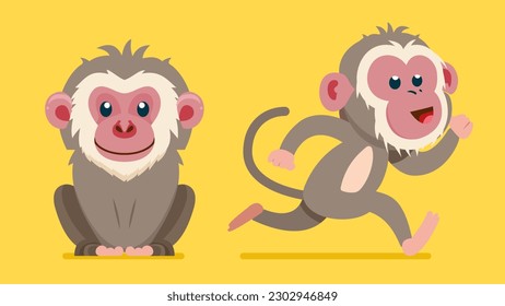 Set of cute wild animals, Baboons, monkey, Safari jungle animals flat vector illustration 