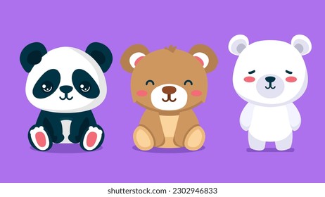 Set of cute wild animals, bear, Polar bear, grizzled bear, panda, Safari jungle animals flat vector illustration 