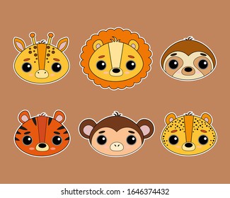 Set of cute wild animals with big eyes. Vector illustrations. Africa, the tropics. Stickers, postcards, holidays, children's books, banner, print.