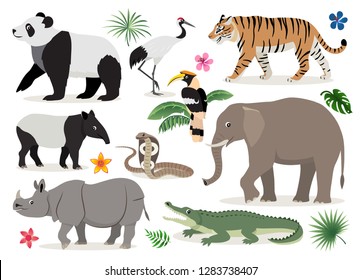 Set of cute wild animals and birds icon, decor for children, cartoon tiger, rhinoceros, panda, elephant, alligator, hornbill, cobra, crane, tapir vector illustration isolated on white background