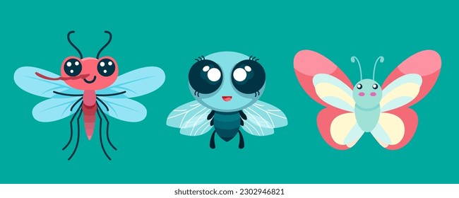 Set of cute wild animals, butterfly, fly, mosquito, Safari jungle animals flat vector illustration 