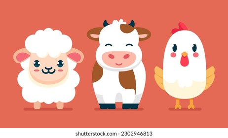 Set of cute wild animals, chicken, cow, sheep, Safari jungle animals flat vector illustration 