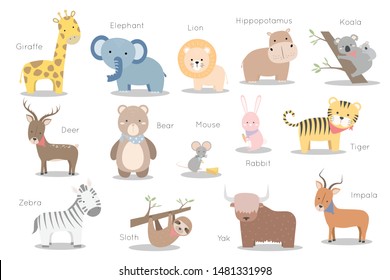 Set of cute wild animals collection cartoon doodle on white background isolated object for nursery or education
