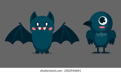 Set of cute wild animals, crow, raven,  bat, Safari jungle animals flat vector illustration 