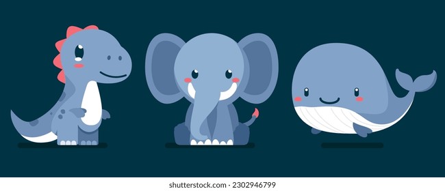 Juego de lindos animales salvajes, dinosaurios, elefantes, ballenas, animales de la selva Safari ilustración vectorial plana 