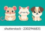 Set of cute wild animals, dog, cat, mouse, hamster, Safari jungle animals flat vector illustration 