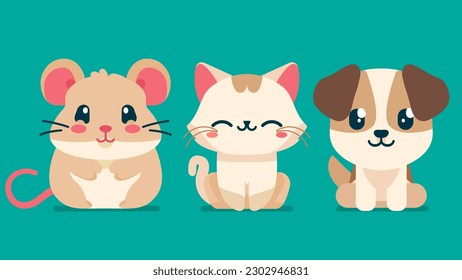 Conjunto de lindos animales salvajes, perros, gatos, ratones, hámster, animales de la selva Safari ilustración vectorial plana 