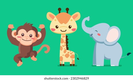 Set of cute wild animals, elephant, monkey, giraffe, Safari jungle animals flat vector illustration 