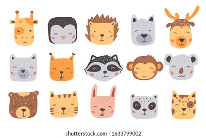 Set of cute wild animals faces, bear, deer, panda, rabbit, squirrel. Isolated vector illustration animals for baby, kids, child project design. Hand drawn cute style.