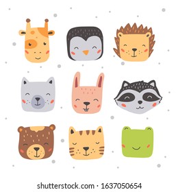 Set of cute wild animals faces, bear, hedgehog, frog, rabbit, penguin. Isolated vector illustration animals for baby, kids, child project design. Hand drawn cute style.