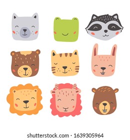 Set of cute wild animals faces, bear, frog, lion, rabbit, fox. Isolated vector illustration animals for baby, kids, child project design. Hand drawn cute style.