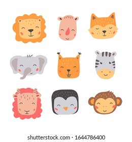 Set of cute wild animals faces, monkey, penguin, zebra, lion, fox. Isolated vector illustration animals for baby, kids, child project design. Hand drawn cute style.