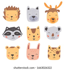 Set of cute wild animals faces, bear, deer, wolf, rabbit, hedgehog. Isolated vector illustration animals for baby, kids, child project design. Hand drawn cute style.