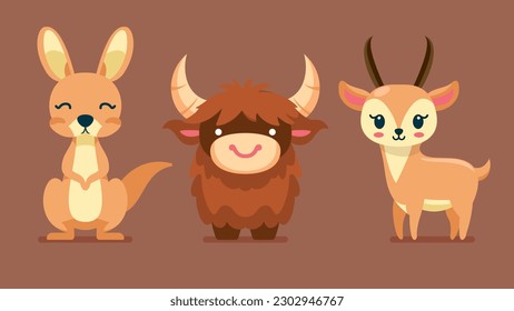 Set of cute wild animals, gazelle, Buffalo, Kangaroo, Safari jungle animals flat vector illustration 