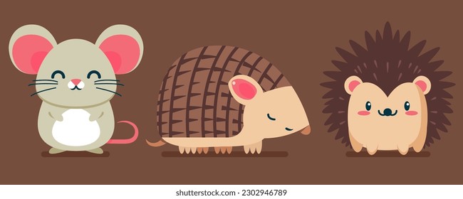 Conjunto de lindos animales salvajes, Hedgehog, Armadillo, ratón, hámster, animales de la selva Safari ilustración vectorial plana 