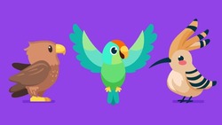 Set Of Cute Wild Animals, Hoopoe, Parrot, Hawk, Eagle, Safari Jungle Animals Flat Vector Illustration 