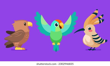 Set of cute wild animals, Hoopoe, parrot, hawk, eagle, Safari jungle animals flat vector illustration 