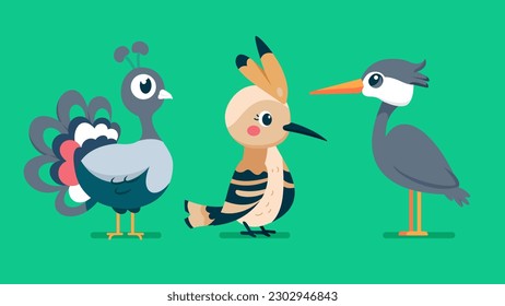 Set of cute wild animals, Hoopoe, peacock, Heron, Safari jungle animals flat vector illustration 