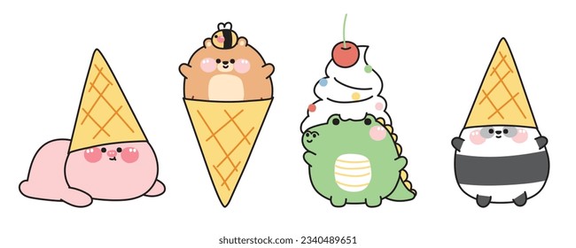 Set of cute wild animals in ice cream concept.Sweet and dessert.Pet,farm,reptile animal character cartoon design.Pig,teddy,crocodile,panda bear hand drawn.Kawaii.Vector.Illustration.