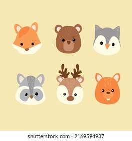 Set of cute wild animals including bear deer fox owl raccoon squirrel. Animal vector. Forest animals illustration.