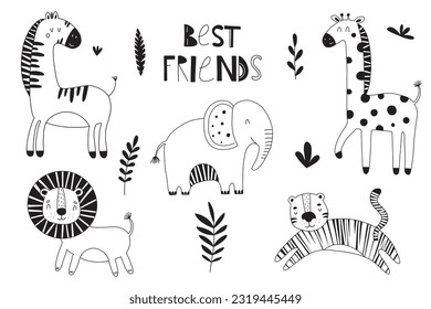 Set of cute wild animals including lion, tiger, zebra, giraffe and elephant. Safari jungle animals vector in doodle style.